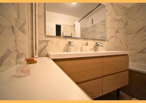 een badkamer met een wastafel en een spiegel bij Cocon Parisien au Plessis - Court de tennis privé in Le Plessis-Bouchard