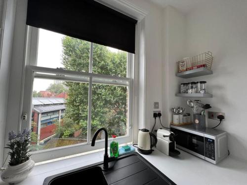 kuchnia z oknem, umywalką i blatem w obiekcie Chic studio near Regent’s Park n8 w Londynie