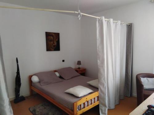 Dormitorio pequeño con cama con cortina en Studio Barbotan en Barbotan-les-Thermes