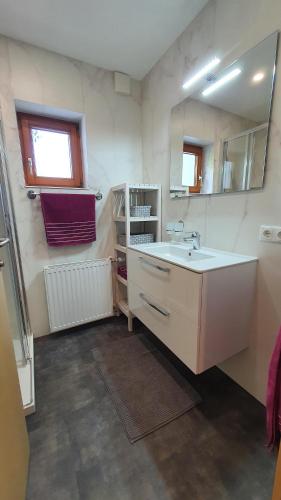 ein Bad mit einem Waschbecken und einem Spiegel in der Unterkunft Haus Habit in Schruns-Tschagguns