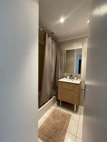 ein Bad mit einem Waschbecken und einem Spiegel in der Unterkunft Appartement T5 in Montpellier