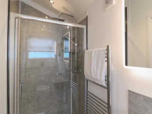 a shower with a glass door in a bathroom at Birch in Swadlincote
