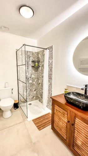 une salle de bain avec une douche, un lavabo et des toilettes dans l'établissement Les Iris, à Céreste