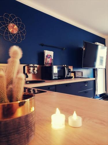 a kitchen with a wooden table with a cactus at L'Atelier de rêves in Metz