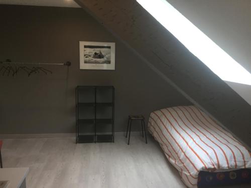 a attic room with a bed and a ladder at Studio moderne, étage 3, avec literie de qualité prémium in Belfort