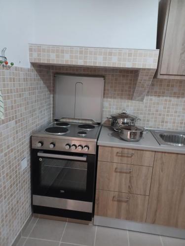 a small kitchen with a stove and a sink at Pension Annoula in Archangelos