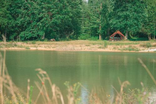 a view of a lake with a house in the background at Les Toiles du Cassis in Plassac-Rouffiac