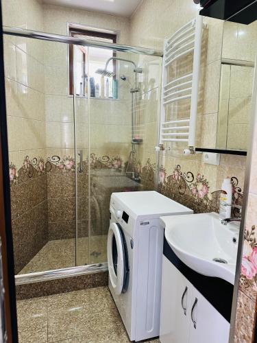 a bathroom with a washing machine and a sink at House in Tsikhisdziri in K'obulet'i