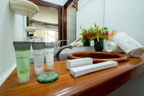 a bathroom counter with a sink and a mirror at Hostellerie de la Sanaga in Edéa