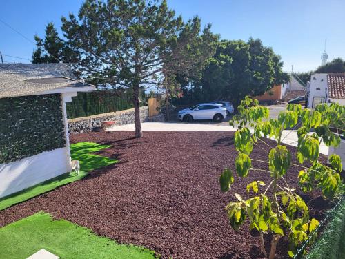 a yard with a tree and a car in a driveway at Preciosa cabaña in Guía de Isora