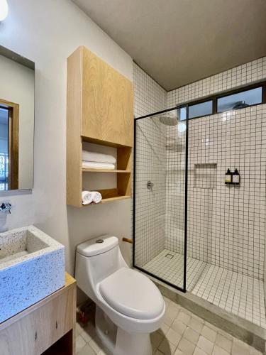 a bathroom with a shower and a toilet and a sink at Casa San Fernando by Barrio México in Guadalajara