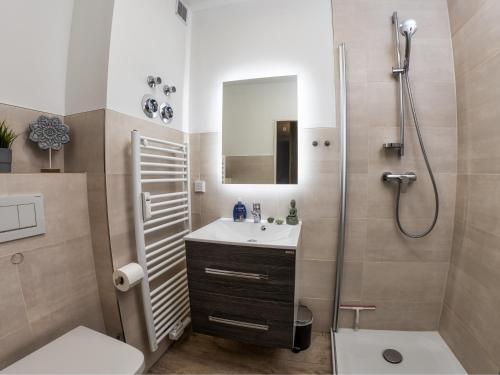 a bathroom with a shower and a sink and a toilet at Hexe IV in Hohegeiß