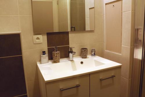 a bathroom with a white sink and a mirror at Appartement Le Saint-Etienne avec Terrasse in Beaune