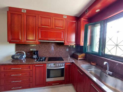 kuchnia z czerwonymi drewnianymi szafkami i zlewem w obiekcie Lio's Villa w mieście Xilokéra