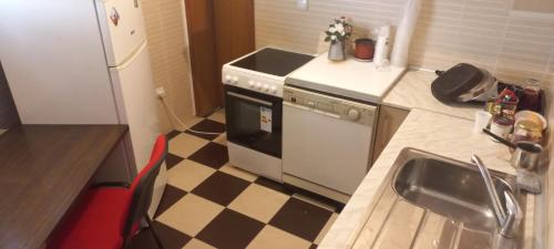 a kitchen with a stove and a sink and a refrigerator at Vranje City Center, Penthouse Delux Apartment in Vranje