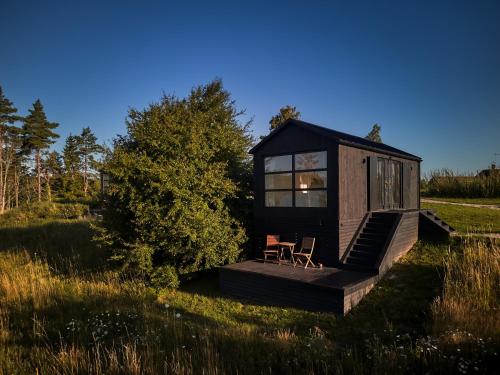 a black tiny house with a table and chairs on a field at Ragnar Glamp Milzkalne Lux in Rauda