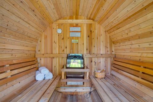 a wooden cabin with a staircase in the inside of it at Walk to Lake Stunning Central Florida Home! in Lake Mary