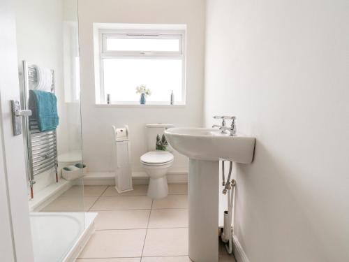 a white bathroom with a toilet and a sink at Field View in Saltburn-by-the-Sea