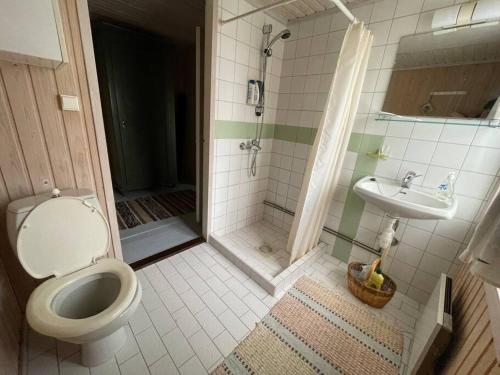 ein Bad mit einer Dusche, einem WC und einem Waschbecken in der Unterkunft Little Guesthouse Cabin, Once Home to Lotta Svärd in Raasepori