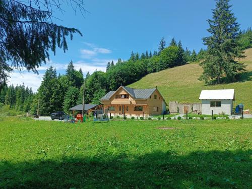 una casa su una collina con un campo verde di Cabana Kodru a Vatra Dornei