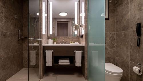 a bathroom with a shower and a sink and a toilet at Hilton Mall Of Istanbul in Istanbul