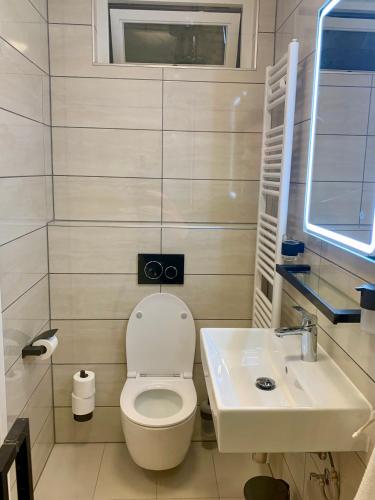 a bathroom with a toilet and a sink at Rode Bosuil: thuiskomen op De Veluwe! in Otterlo