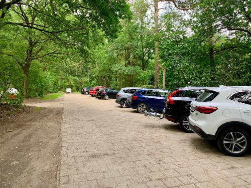 a row of parked cars parked on a dirt road at Rode Bosuil: thuiskomen op De Veluwe! in Otterlo