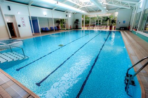 - une grande piscine d'eau bleue dans un bâtiment dans l'établissement DoubleTree by Hilton Dunblane Hydro Hotel, à Dunblane