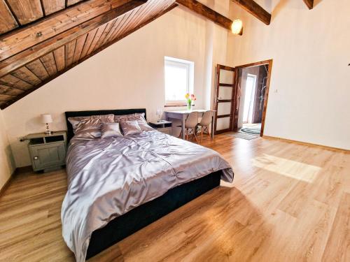 ein Schlafzimmer mit einem Bett und einem Schreibtisch in einem Zimmer in der Unterkunft GraVelo - Apartament Jacuzzi in Bartkowa-Posadowa