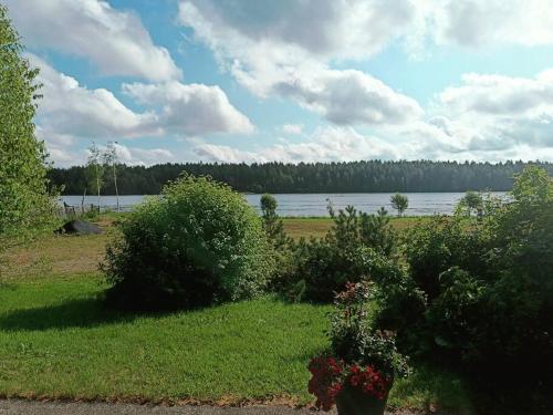 a view of a lake from a yard with bushes at Joensuu Villa Cuisine in Joensuu