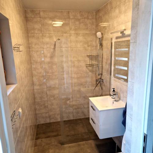 a bathroom with a shower and a sink and a toilet at Markowe Domki in Ryn