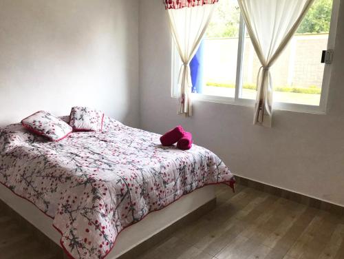1 dormitorio con 1 cama con edredón rosa y 2 ventanas en Bungalows Boutique Tonantzin, en Morelos