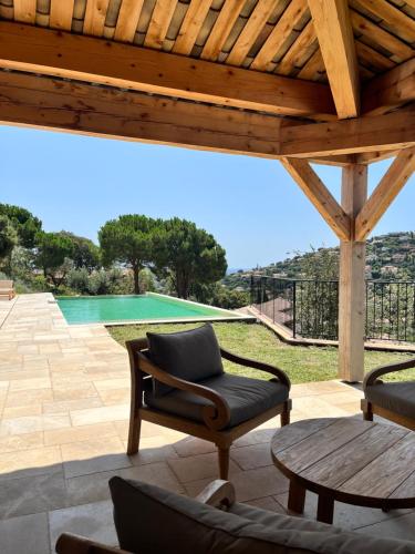 un patio avec une table et des chaises et une piscine dans l'établissement La Maison de la Genette - 5 étoiles, à Cavalaire-sur-Mer