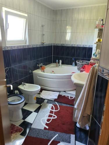 a bathroom with a tub and a toilet and a sink at Kuća na dan aseea 
