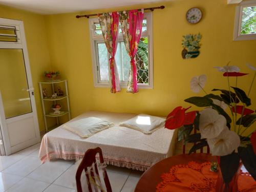 a small bedroom with a bed and a window at Maison LAVANNE in Saint-Joseph