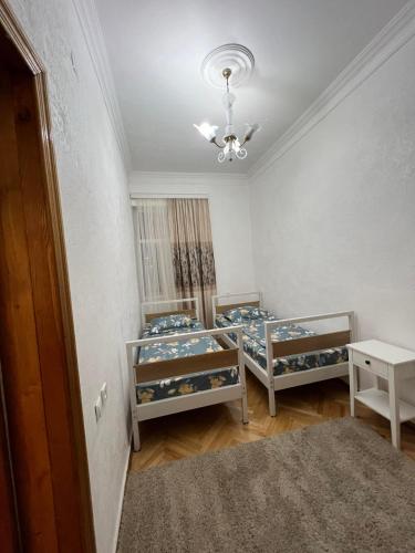 ポティにあるapartment in potiのベッドが2つとシャンデリアのある部屋