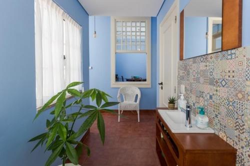 un baño azul con una planta y una silla en 708 Mugnano House Aveleda, en Vila do Conde