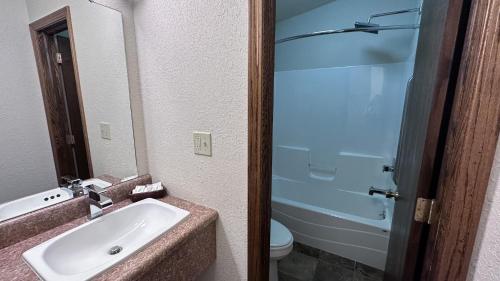 a bathroom with a sink and a toilet and a mirror at The Shelby Inn in Shelbyville