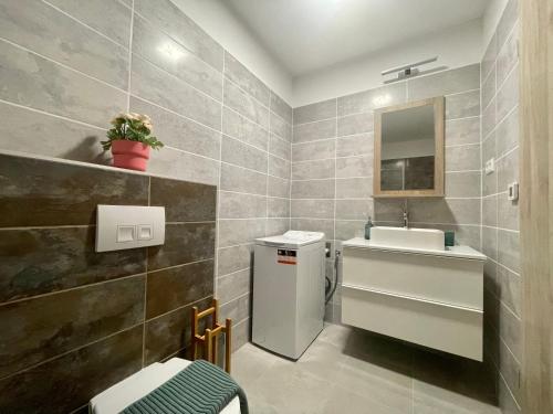 a bathroom with a sink and a toilet and a mirror at B144 Design Lux Apartments #FreeParking in Budapest