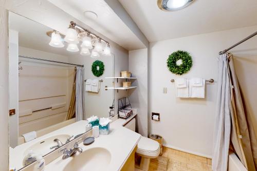 een badkamer met een wastafel, een toilet en een spiegel bij The Lodge at Tamarron #425 in Durango