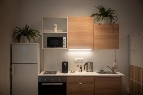 a small kitchen with a refrigerator and a sink at Ráday Residence at the Heart of Budapest in Budapest