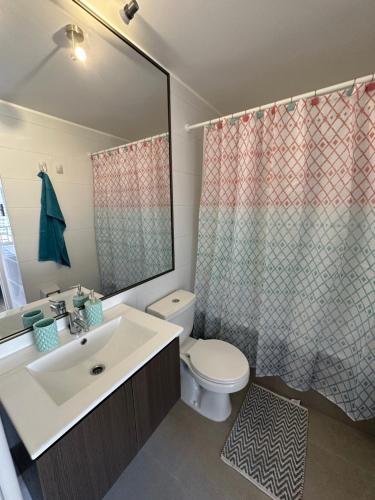 a bathroom with a sink and a toilet and a shower at Departamento 1D1B Condominio Altos de Huayquique in Iquique