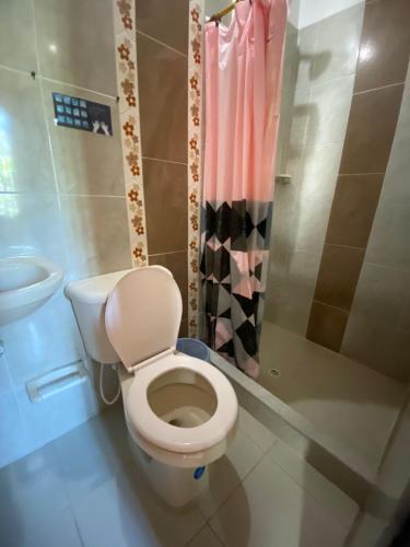 a small bathroom with a toilet and a shower at Hostal en la 17 in Socorro