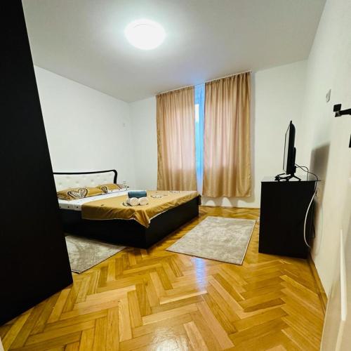 - une chambre avec un lit et une télévision à écran plat dans l'établissement Casa Blidariu, à Băile Herculane