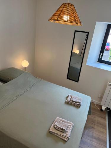 a bedroom with a bed with two towels on it at « Petit Paris » - T2 centre ville Parking/balcon in Albertville