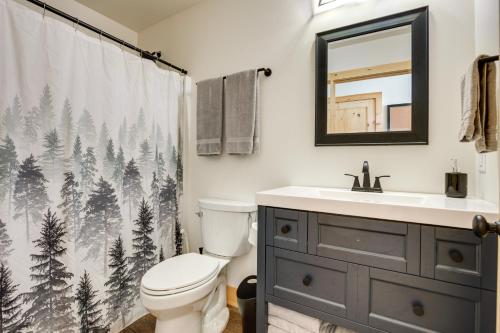 a bathroom with a toilet and a shower curtain with trees at Cozy Northwoods Cabin with Private Lake Access in Eagle River