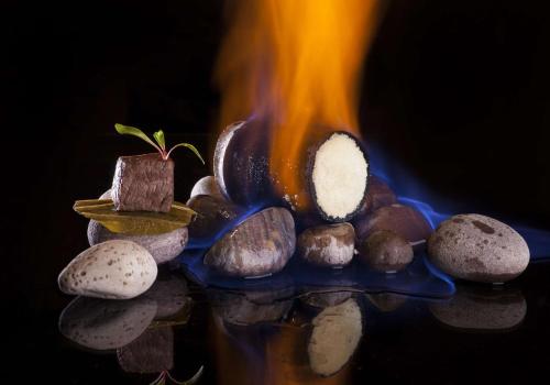 a glass jar with a plant on fire and rocks at Hilton Zhengzhou in Zhengzhou