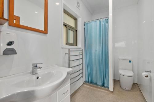 uma casa de banho branca com um lavatório e um chuveiro em Remutaka retreat em Upper Hutt