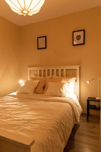 une chambre avec un grand lit avec des oreillers blancs dans l'établissement Appartement entier Strasbourg Centre, à Strasbourg