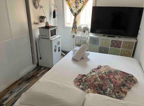 馬德里的住宿－Habitación con baño compartido，一间设有一张配有电视的床和一张四柱床的房间